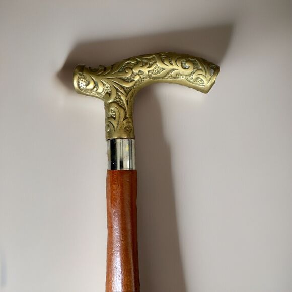 Other - Vintage Brass Handle Head Wooden Carved Swirl Walking Stick Cane 35”H